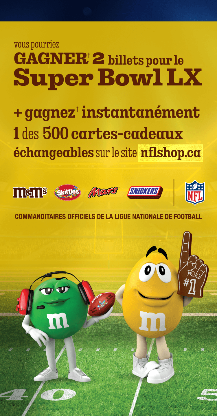 Courez la chance de gagner† 2 billets pour le Super Bowl LX et remporter instantanément† l’une des 500 cartes-cadeaux NFLshop.ca