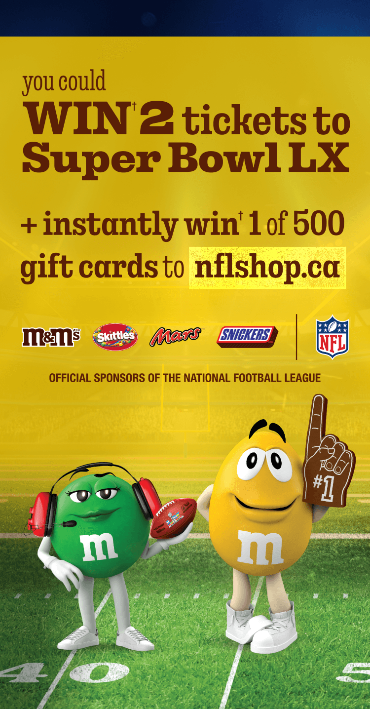 You could win† 2 tickets to Super Bowl LX plus instantly win† 1 of 500 gift cards to NFLshop.ca