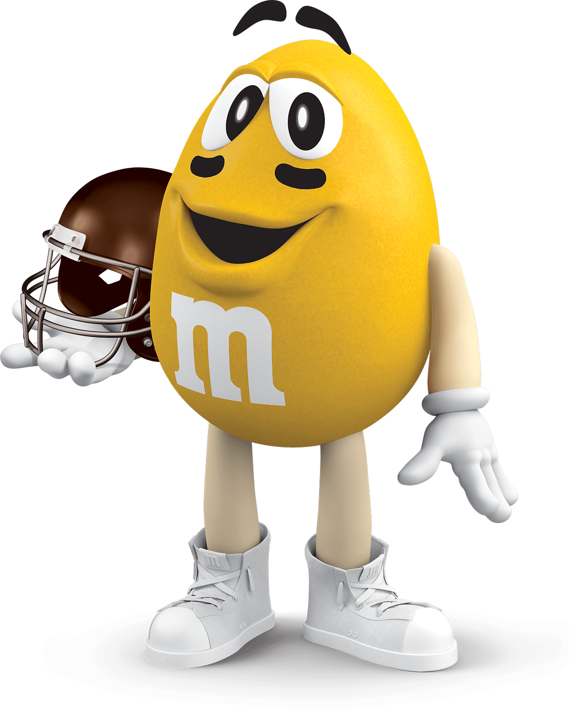 A yellow M&M'S with a football helmet